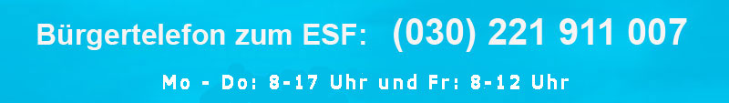 Bürgertelefon zum ESF: (030) 221 911 007 von montags bis donnerstags von 8:00 bis 17:00 Uhr und freitags von 8:00 bis 12:00 Uhr